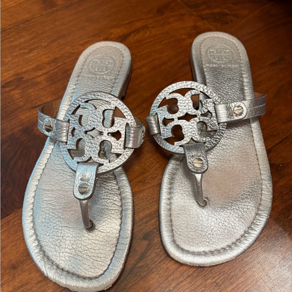 Tory Burch Silver Leather Miller Sandals